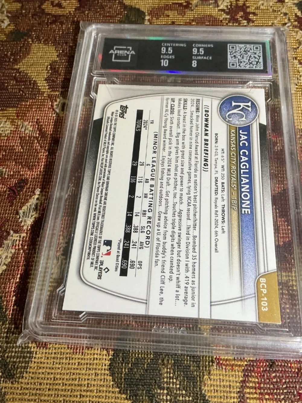 2025 Bowman BCP-103 Jac Caglianone Chrome Prospects Graded Rookie card Arena 8.5